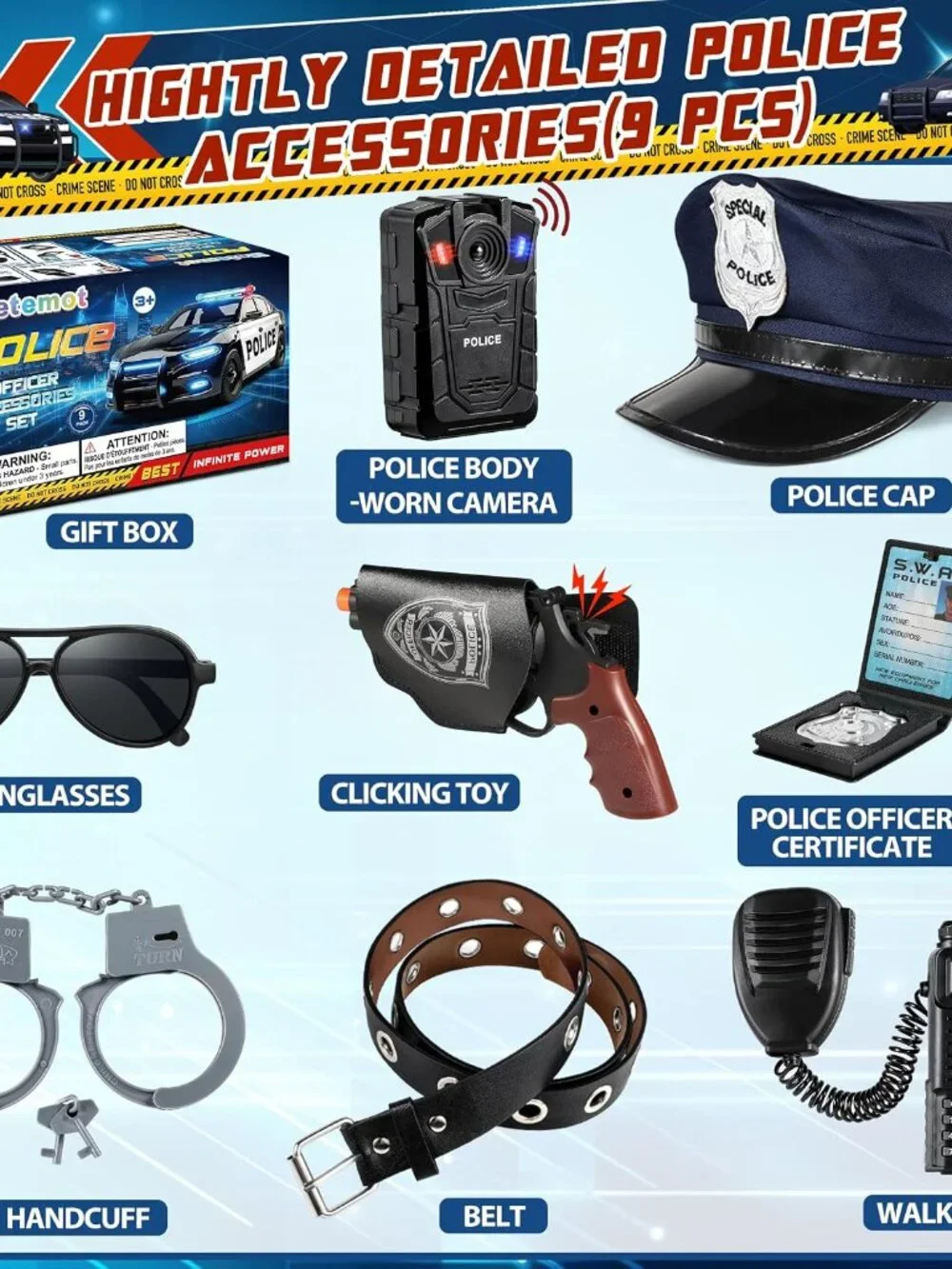 9Pcs Police Toys, Police Costume Accessories for Kids, Cop Costume Accessories,